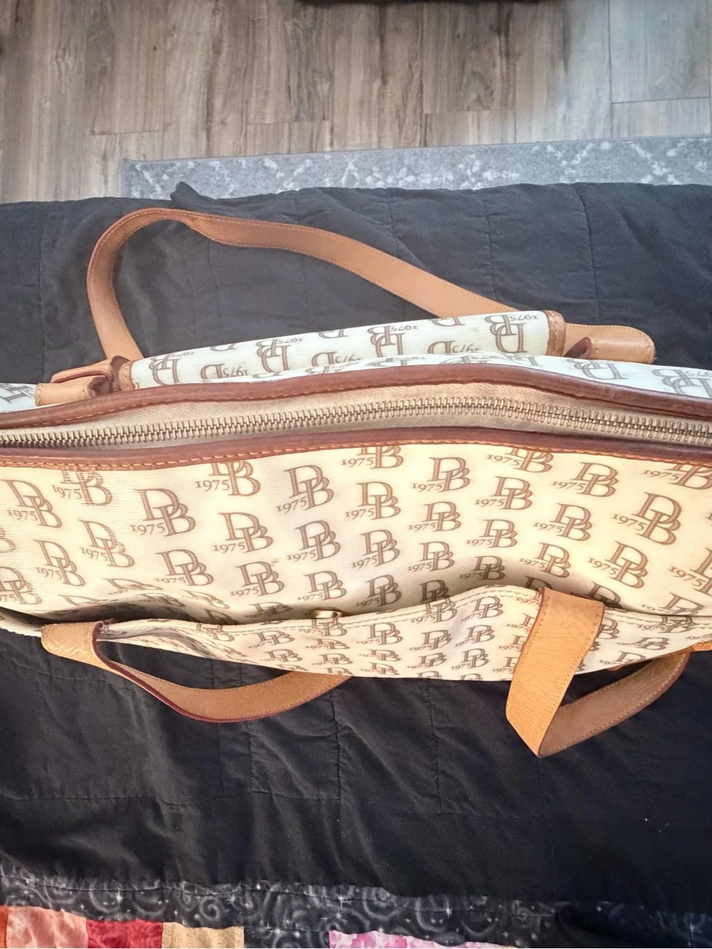 Dooney & Burke Monogram Leather Baby Bag in Cream and Tan